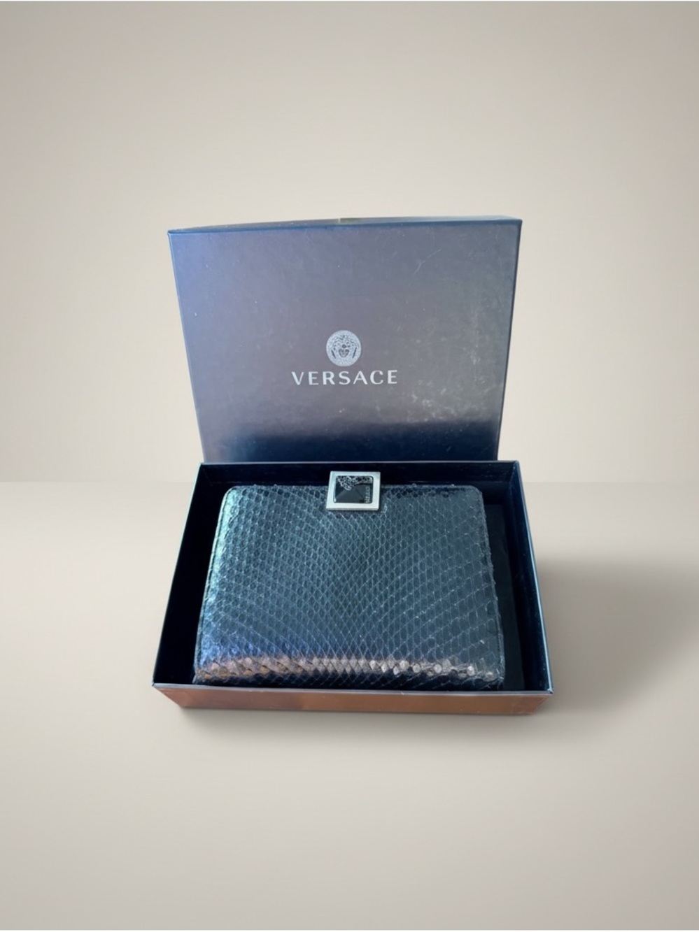 Versace Black Snakeskin-Textured Leather Wallet with Silver Logo